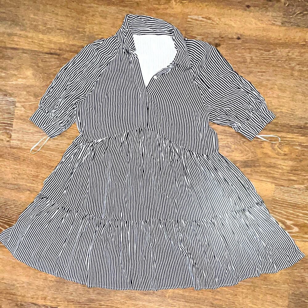 a loves a Black White Striped Collared Shirt Dress 3/4 Sleeve Knee | L
